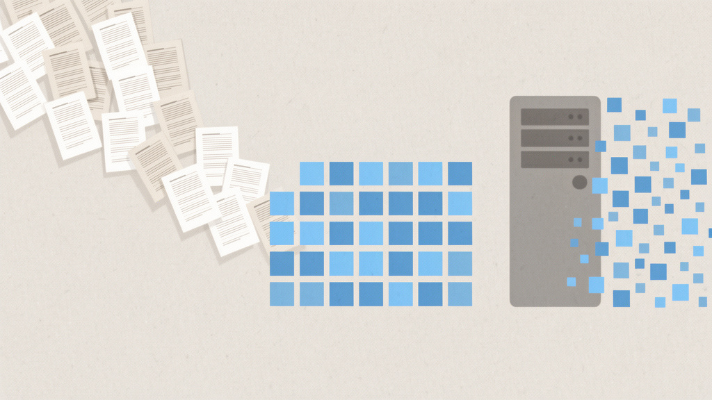 Illustration abstraite : un flux de pages en cascade se fige en une grille de tuiles statiques.