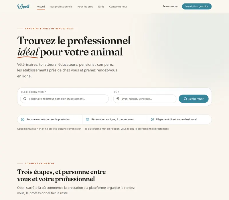 Page d’accueil d’Opoil, l’annuaire des professionnels animaliers avec sa recherche par métier et par ville.