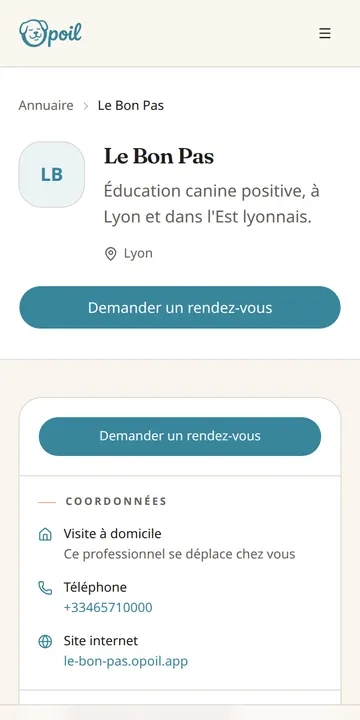 Fiche d’un éducateur canin dans l’application Opoil, sur téléphone, avec le bouton de demande de rendez-vous.