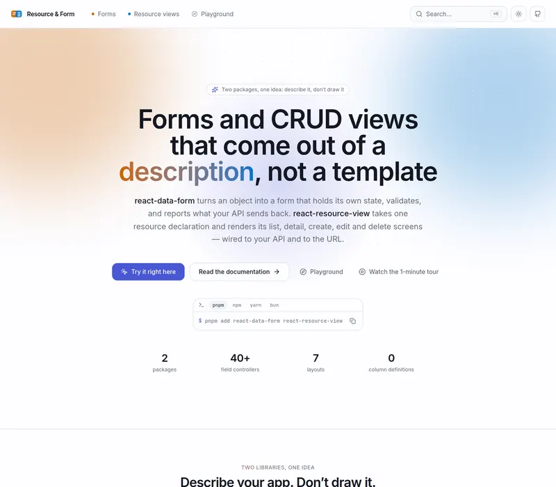 Page d’accueil de react-resource-view, bibliothèque React de formulaires et d’écrans d’administration.