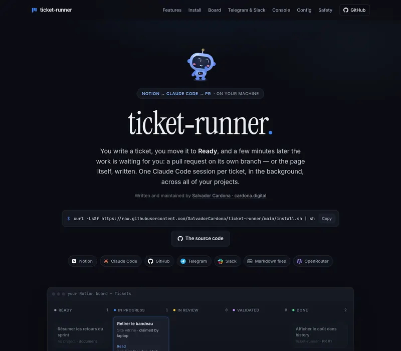 Page d’accueil de ticket-runner avec sa mascotte et un tableau de tickets.