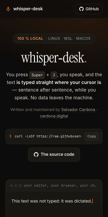 Site de whisper-desk, l’outil de dictée vocale hors ligne, sur téléphone.